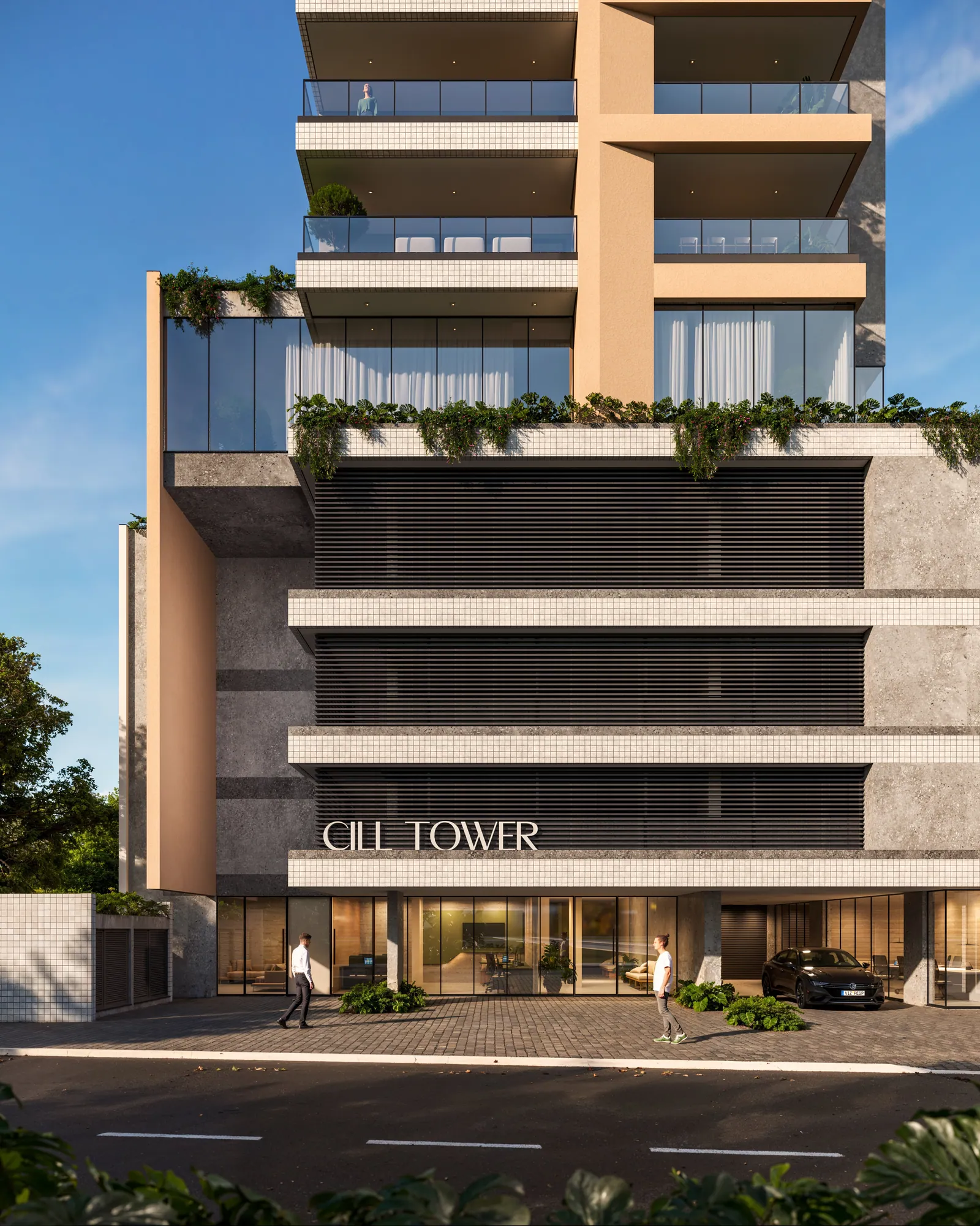 Acesso e embasamento do CILL Tower, com o hall envidraçado na Avenida Emanoel Pinto