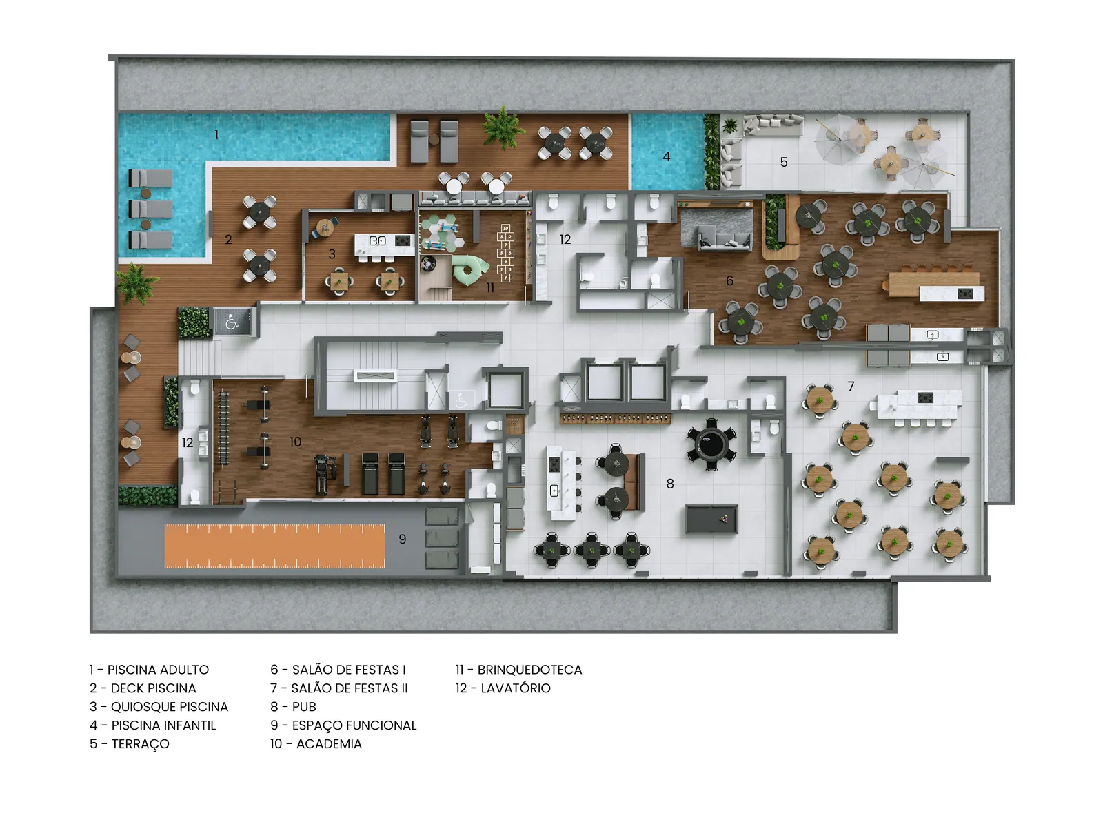Planta do pavimento de lazer do CILL Tower, com piscinas, deck, quiosque, terraço, dois salões de festas, pub, espaço funcional, academia e brinquedoteca