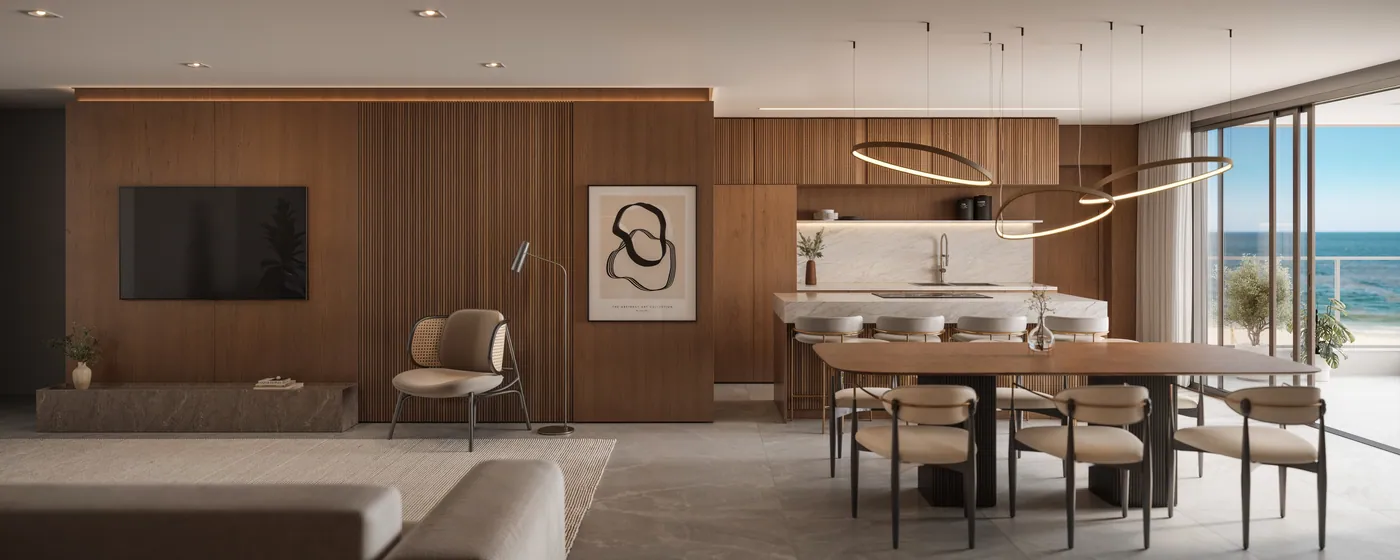 Living integrado de um apartamento do CILL Tower