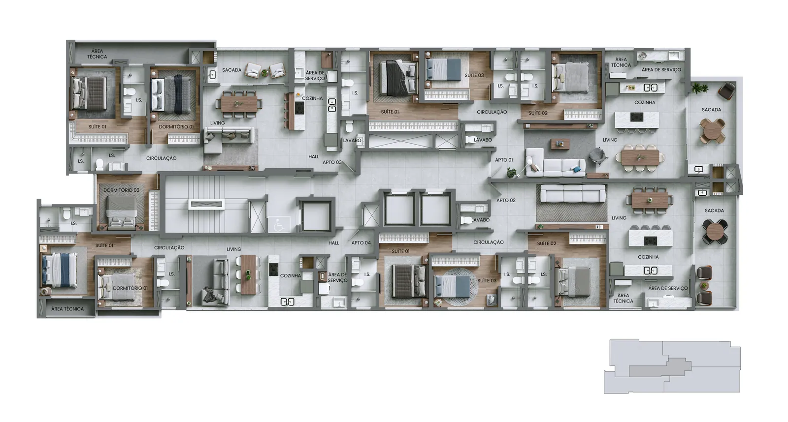 Planta do pavimento tipo do CILL Tower, com os quatro apartamentos por andar