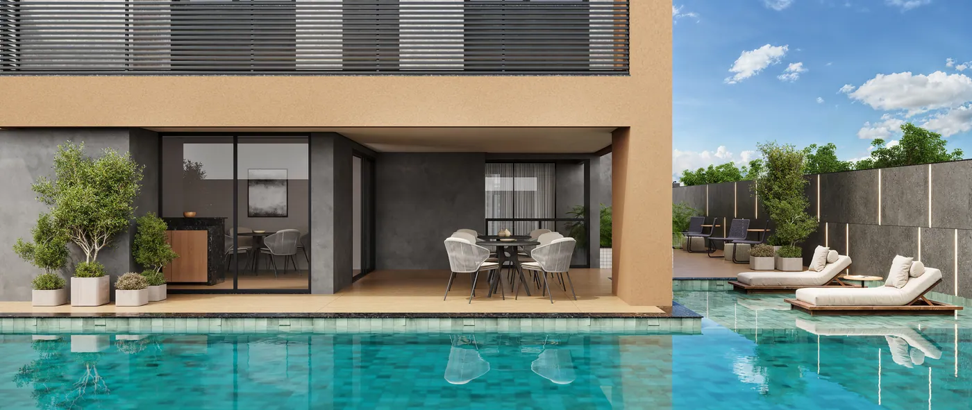Piscina adulto climatizada do CILL Tower, com deck e quiosque