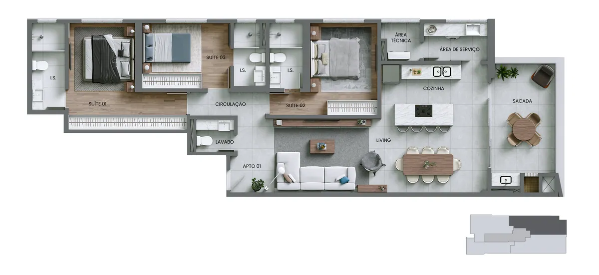 Planta do apartamento final 01, com 3 suítes e 131,26 m²