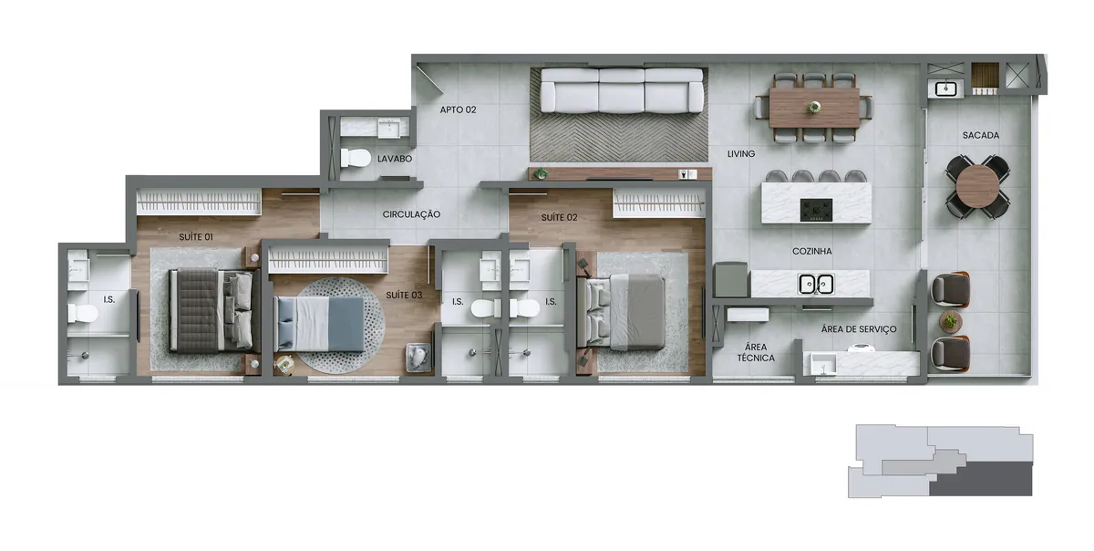 Planta do apartamento final 02, com 3 suítes e 128,52 m²
