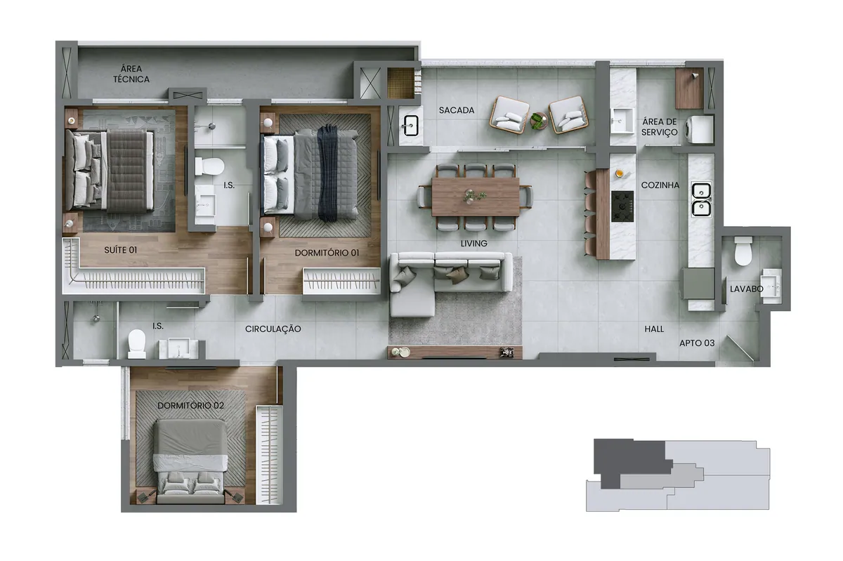Planta do apartamento final 03, com 1 suíte, 2 dormitórios e 120,15 m²
