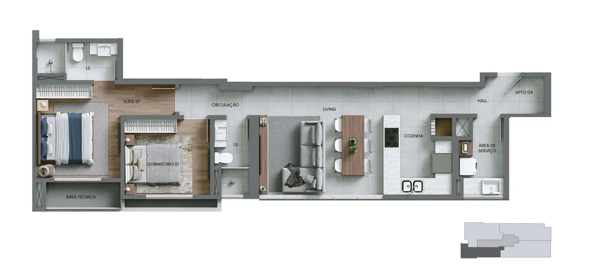Planta do apartamento final 04, com 1 suíte, 1 dormitório e 80,52 m²